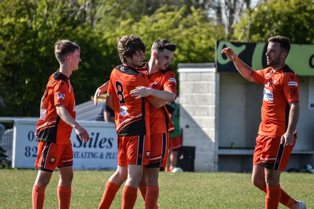 Marley Ridge, second left, has just scored Portchester's winner against Petersfield. Picture: Daniel Haswell.