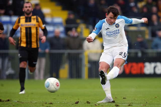 Alfie Rutherford scores against Maidstone in November 2018. Picture: Chris Moorhouse