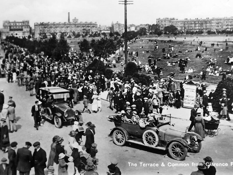Looking across Southsea Common from Clarence Pier. Fantastic crowds walking along Pier Road in the 1920's.