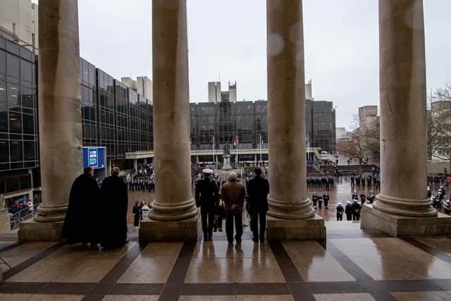 Royal Navy Freedom of the City parade in Portsmouth on Friday 11th March 2022Pictrued: GV of the parade, view from Guildhall steps at Guildhall Walk, PortsmouthPicture: Habibur Rahman