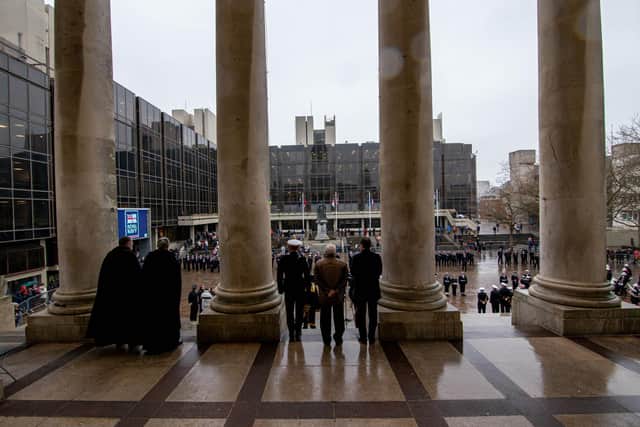 Royal Navy Freedom of the City parade in Portsmouth on Friday 11th March 2022

Pictrued: GV of the parade, view from Guildhall steps at Guildhall Walk, Portsmouth

Picture: Habibur Rahman