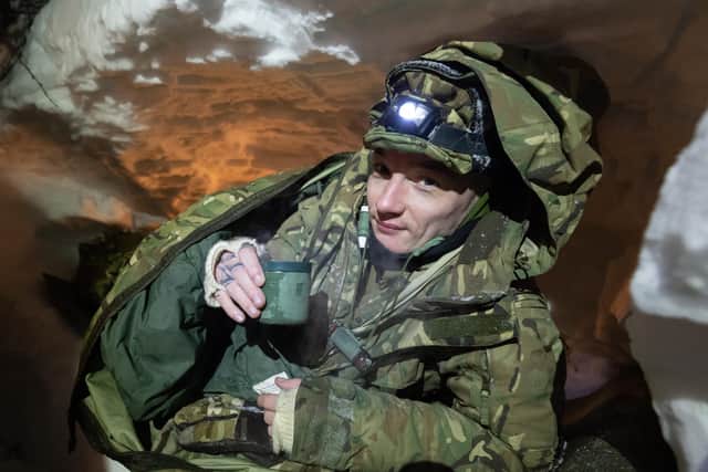 Pictured are Commando Forces occupying snow holes on survival night during their Cold Weather Winter Warfare Course near Skjold.