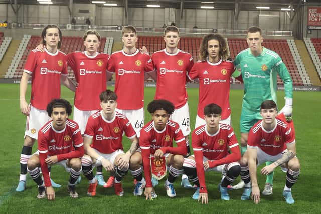 Manchester United under-19s including Will Fish and Charlie Savage - who have been training with Ipswich. (Photo by Tom Purslow/Manchester United via Getty Images)