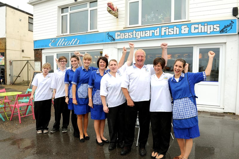 2013. Coastguard Fish and Chips at the seafront Hayling Island. L-R Sam Bird, Toby Strickland, George Reed, Emily Cranstone, Marion Clements, Noreen Morrison, owners Jeff and Caroline Clark and their daughter Charlotte Clark. Picture: Paul Jacobs 132276-1