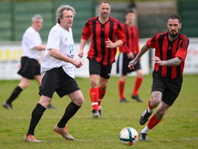 Action from the Jon Gittens memorial charity match between a team of former Fareham Town players and a side of ex-Pompey and Southampton professionals. Picture: Keith Woodland (160421-788)