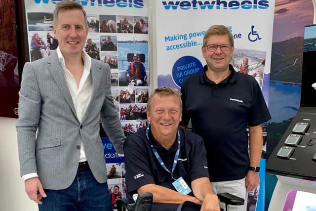 Wetwheels founder and pioneering disabled yachtsman Geoff Holt MBE DL, with Wetwheels Chief Executive Neil Wilson, left, and Trustee Paul Strzelecki at Southampton Boat Show 2021