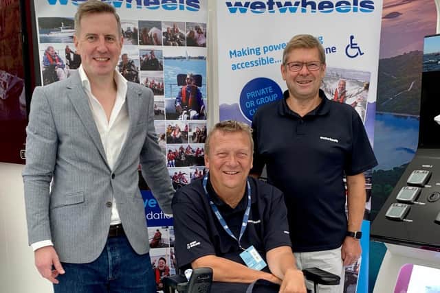 Wetwheels founder and pioneering disabled yachtsman Geoff Holt MBE DL, with Wetwheels Chief Executive Neil Wilson, left, and Trustee Paul Strzelecki at Southampton Boat Show 2021 