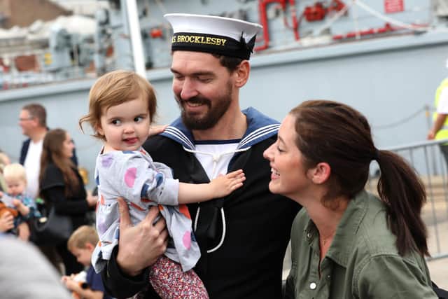 Homecomgin for HMS Brocklesby - first homecoming with families on the dock for almost two years at the base.

Pictured is Steve Lundsten coming back to meet Thea Lundsten, 2, with gran partner Rhianna Lofthouse, 31.

Picture: Sam Stephenson