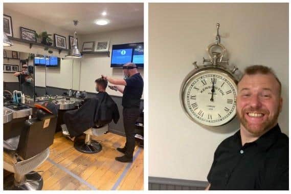 Neil Hood, from Edwards for Men in Southsea, giving Russell Keith a haircut at midnight on July 4