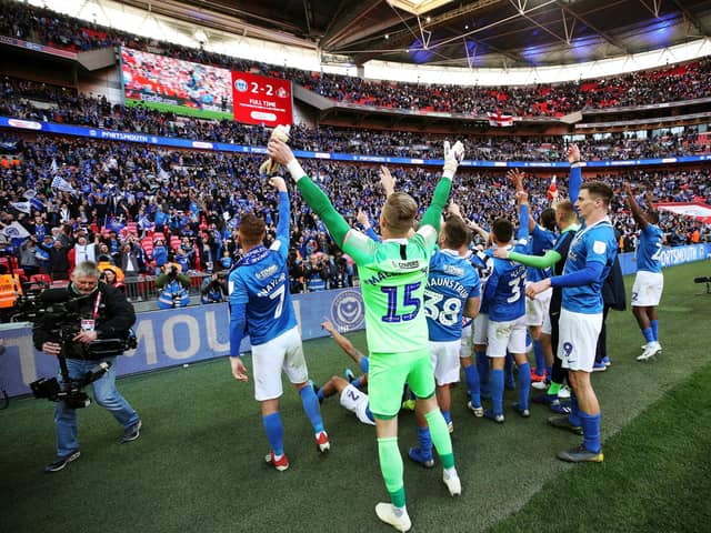 The Pompey players salute the 40,300 Blues supporters who witnessed their 2019 Checkatrade Trophy final win against Sunderland