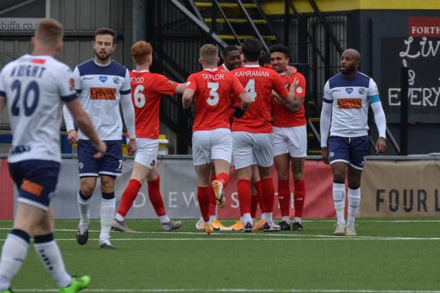 Hawks players react as Ebbsfleet take an early lead at Westleigh Park at the weekend through Rakish Bingham. Fleet won 2-1 in a game which saw five red cards, including both managers. Pic: Daniel Haswell/SPP
