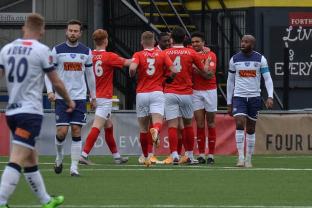 Hawks players react as Ebbsfleet take an early lead at Westleigh Park at the weekend through Rakish Bingham. Fleet won 2-1 in a game which saw five red cards, including both managers. Pic: Daniel Haswell/SPP