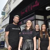 The team at Hair at O'Neills. Pictured is: (l-r) Tom Metcalf, artistic director, Samantha O'Neill, salon owner, Adele Taylor, Sarah Cook, apprentices and Shara Muscroft, creative stylist. Picture: Sarah Standing (021123-607)
