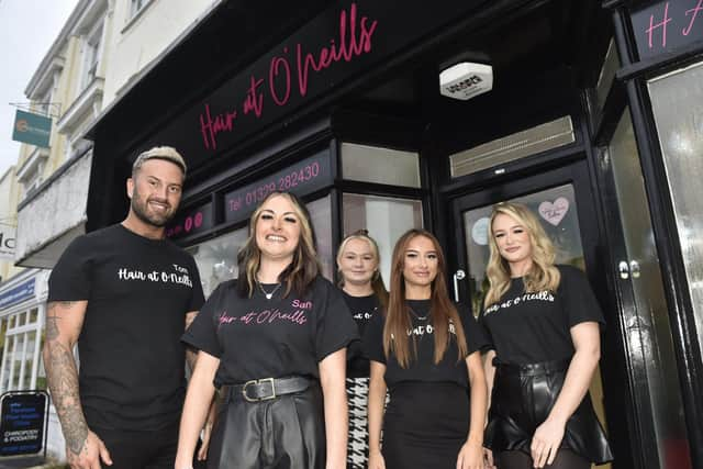 The team at Hair at O'Neills. Pictured is: (l-r) Tom Metcalf, artistic director, Samantha O'Neill, salon owner, Adele Taylor, Sarah Cook, apprentices and Shara Muscroft, creative stylist. Picture: Sarah Standing (021123-607)