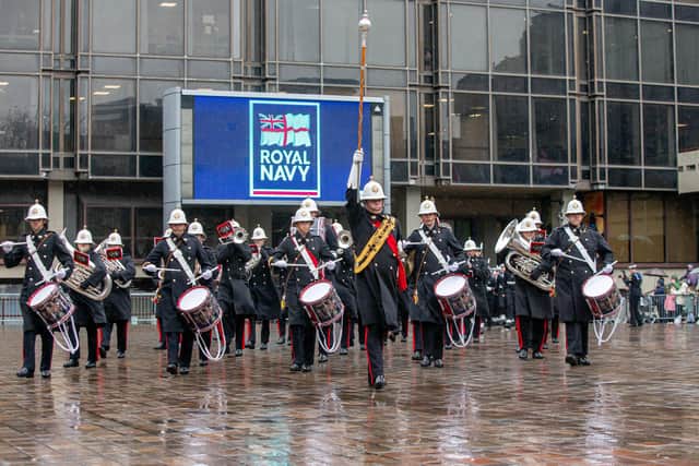 Royal Navy Freedom of the City parade in Portsmouth on Friday 11th March 2022Pictrued: Royal Marine Band marching through Guildhall Walk, PortsmouthPicture: Habibur Rahman