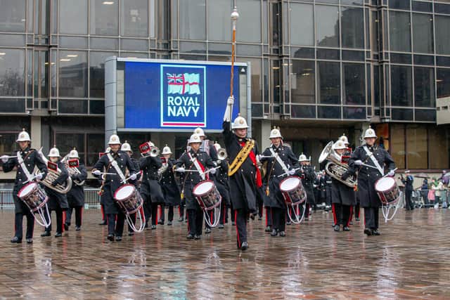 Royal Navy Freedom of the City parade in Portsmouth on Friday 11th March 2022

Pictrued: Royal Marine Band marching through Guildhall Walk, Portsmouth

Picture: Habibur Rahman