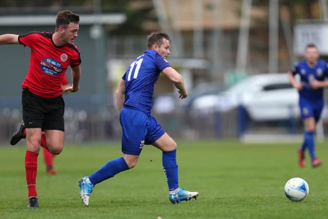 Miles Everett, right, was on target on his Baffins Milton Rovers return on Good Friday.
Picture: Chris Moorhouse