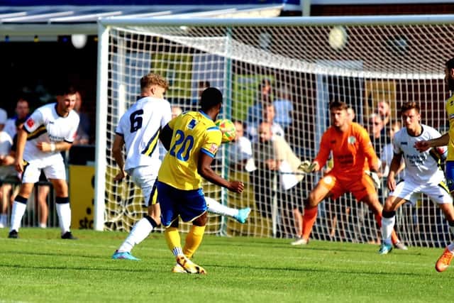 Kyal Williams fires Gosport into a 4-1 lead. Picture by Tom Phillips
