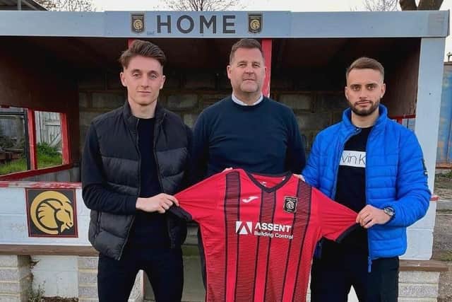 Newly named Petersfield Town joint managers Joe Lea, left, and Pat Suraci, right, with the club's head of football for next season and current boss Mark Summerhill