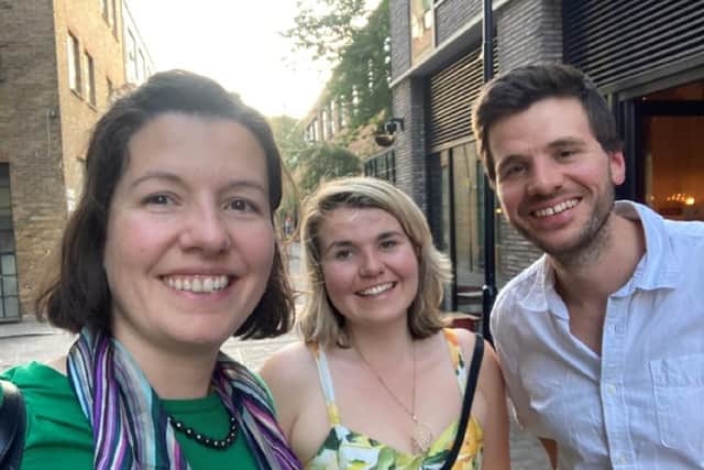 Kate Corney, left, with her sister Rosie and brother Sam. The 35-year-old history teacher who was diagnosed with advanced blood cancer has said that she feels "unbelievably lucky" that her brother saved her life through a stem cell transplant Picture: University Hospital Southampton/PA Wire