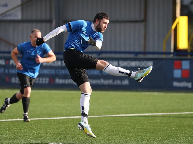 Harry Knight scores his second goal and Eastney's third. Picture: Stuart Martin