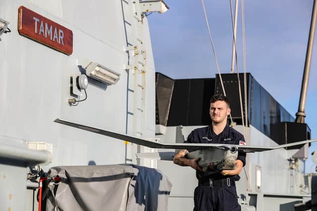 HMS Tamar's 700x Naval Air Squadron drone operators launched the PUMA AE 2 Drone at sea today to conduct routine patrols of British waters. The Class 1 C RPAS (Remotely Piloted Air System) drone can used for training and operational surveillance exercises whist at sea. Photo: Royal Navy