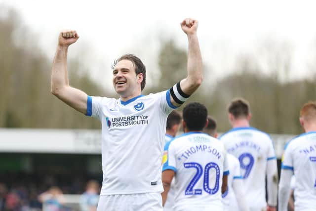The familiar sight of Brett Pitman celebrating a Pompey goal. This time against Wycombe in April 2019. Picture: Joe Pepler