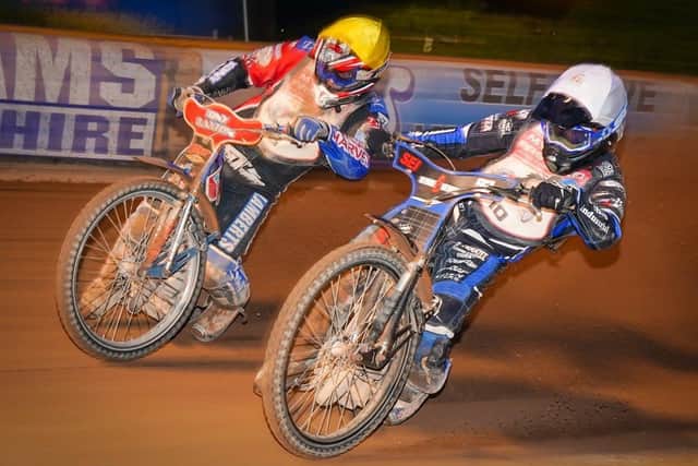 Charley Powell, right, and Chris Widman battle it out on the track. Picture: Ian Groves/Sportography
