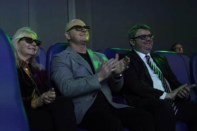 (Left - right) Dr Alex Hildred, Ross Kemp and Dominic Jones, CEO of The Mary Rose Trust watch Dive the Mary Rose 4D during it's launch at the Mary Rose Museum, . Picture date: Thursday March 30, 2023.
Photo: Andrew Matthews/PA Wire