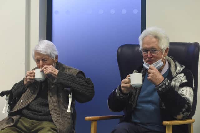 Michael Tibbs, 99, and his son Philip enjoy a well deserved cup of tea after Michael was given his Covid vaccine jab.


© Ewan Galvin/Solent News & Photo Agency