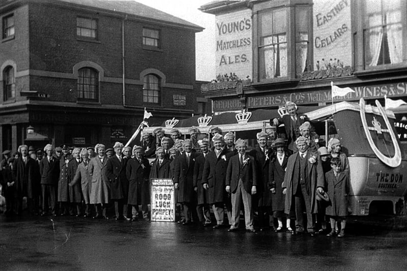 Sent in by Ron Warwick, we see customers outside the Eastney Cellars pub ready to board their bus for the trip of a life time-to see Pompey win the F.A. Cup at the third attempt.