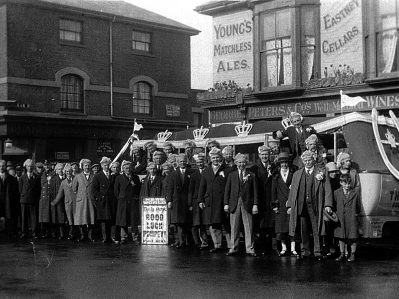 Sent in by Ron Warwick, we see customers outside the Eastney Cellars pub ready to board their bus for the trip of a life time-to see Pompey win the F.A. Cup at the third attempt.