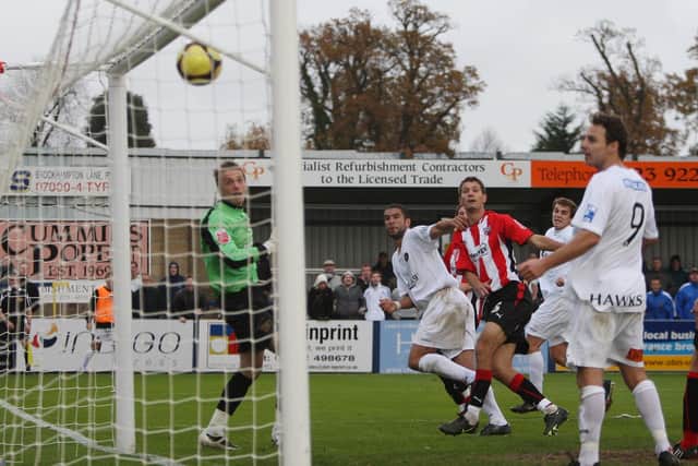Ian Simpemba nets Hawks' consolation in their FA Cup first round loss to Brentford in 2008/09. Picture: Dave Haines.