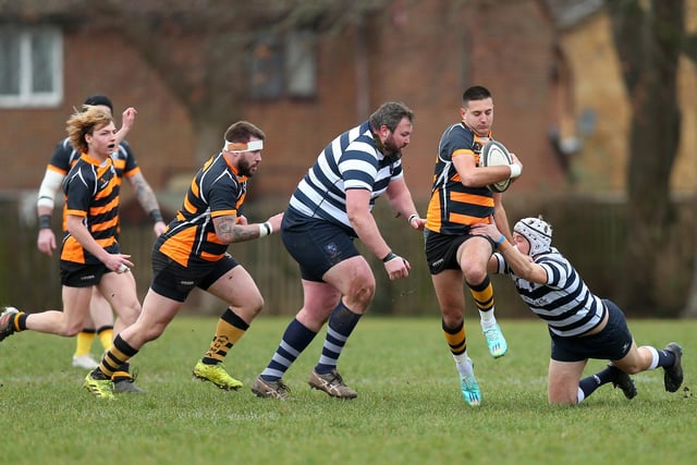 Portsmouth's Gareth Davies in action against Havant Dolphins in the game which followed the former players' reunion lunch at Rugby Camp. Picture: Chris Moorhouse