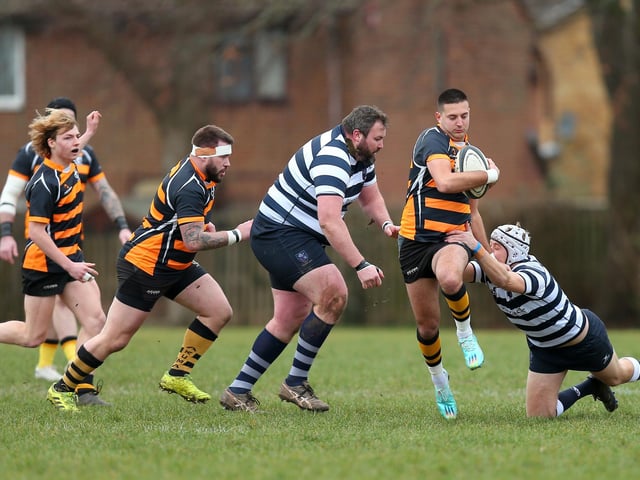 Portsmouth's Gareth Davies in action against Havant Dolphins in the game which followed the former players' reunion lunch at Rugby Camp. Picture: Chris Moorhouse