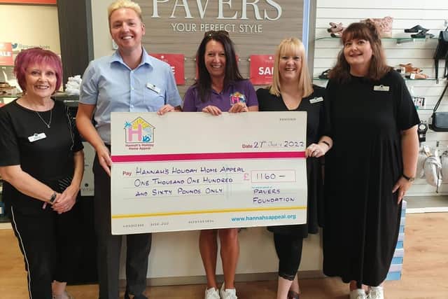 Edwina Callow, Pavers store manager Peter Wilkes, Pam Marshall from Hannahs Holiday Home, Pavers assistant manager Pam Bickerton,and Anita Stoakes from Pavers Stansted Park