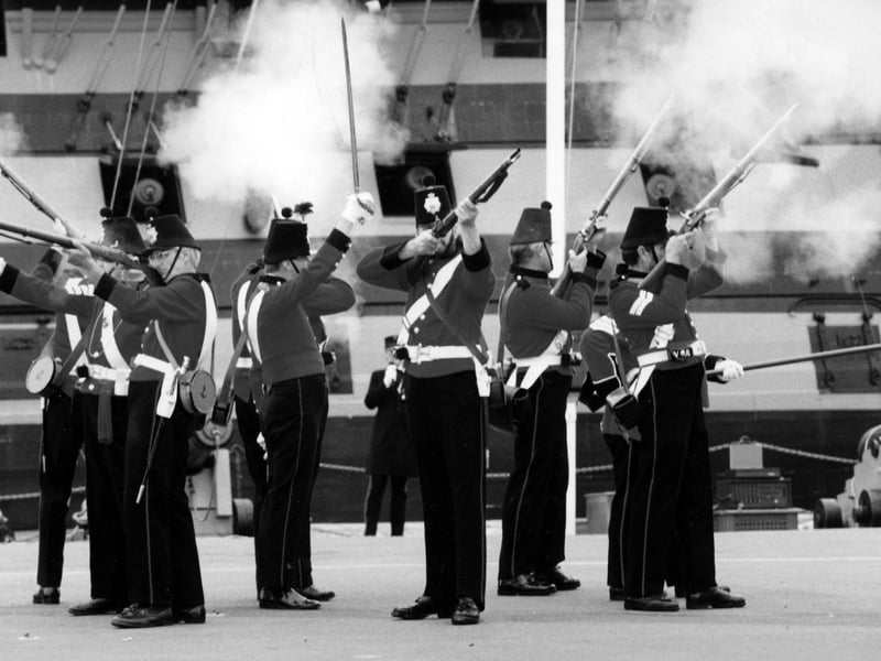 The Fort Cumberland Guard perform their last drill in front of HMS Victory on the final evening of the Dockyard 500 events in 1995. The News PP4721