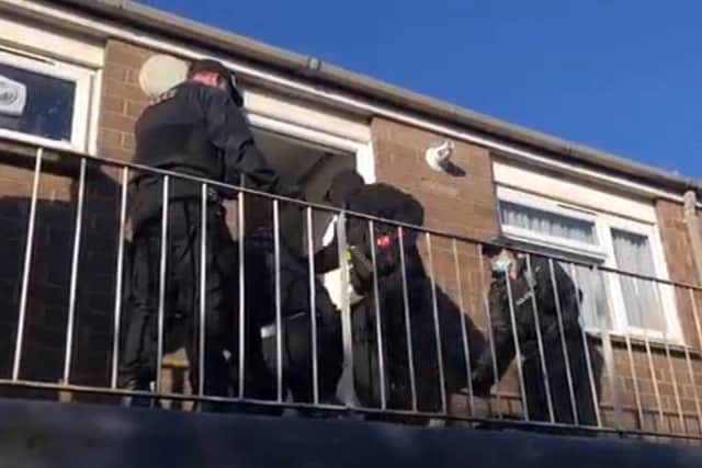 Hampshire police raid a flat in Chilworth Grove, Gosport Pictures and video released March 16, 2022 after March 9 raid, aimed at county lines drug dealers