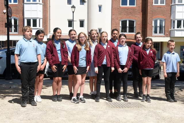 Portsmouth Music Hub launched their Pompey Sculpture Trail on Friday, July 1, outside The Hotwalls Studios in Old Portsmouth.Pictured is: Kings Academy College Park pupils.Picture: Sarah Standing (010722-1132)
