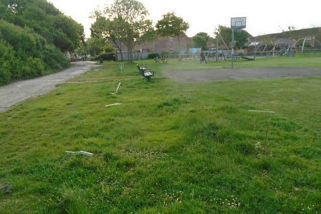 Richard Coates captured the extent of the damage caused to tree saplings, planted for the Queen's platinum jubilee, at Mengham Park, Hayling Island. They were 'trampled' and mown over by travellers. Picture: Richard Coates.