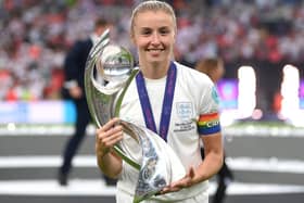 Leah Williamson with the UEFA Women's EURO 2022 Trophy (Photo by Shaun Botterill/Getty Images)