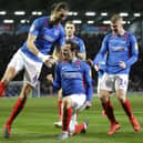 PORTSMOUTH, ENGLAND - FEBRUARY 28: Ryan Williams of Portsmouth FC celebrates after he scores a goal to make it 1-0 during the Sky Bet Leauge One match between Portsmouth and Rochdale at Fratton Park on February 28, 2020 in Portsmouth, England. (Photo by Robin Jones/Getty Images)