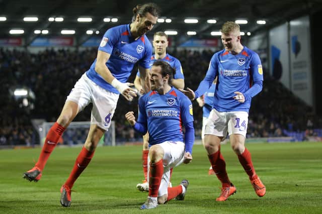 PORTSMOUTH, ENGLAND - FEBRUARY 28: Ryan Williams of Portsmouth FC celebrates after he scores a goal to make it 1-0 during the Sky Bet Leauge One match between Portsmouth and Rochdale at Fratton Park on February 28, 2020 in Portsmouth, England. (Photo by Robin Jones/Getty Images)