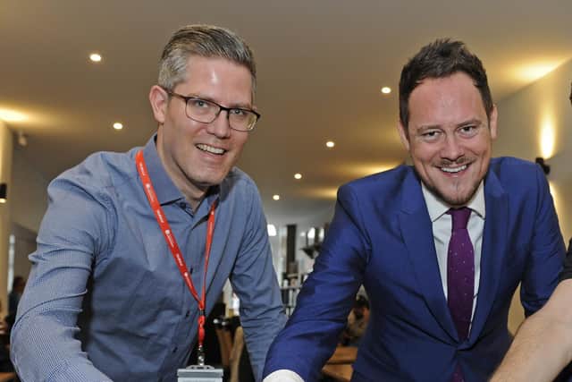 Labour group leader Cllr George Fielding said his group would be in talks this week about who to support for council leadership.
Pictured: Cllr Fielding with former Labour group leader MP Stephen Morgan.
Picture Ian Hargreaves (181013-1_board)