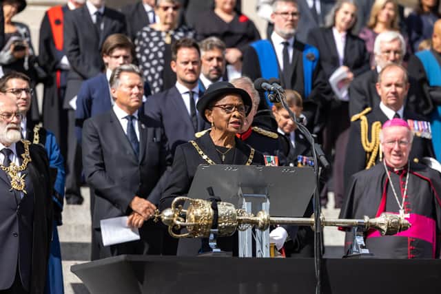 Lady Mayoress Maria Costa addressing the service in the Guildhall Square. Picture: Mike Cooter (180922)