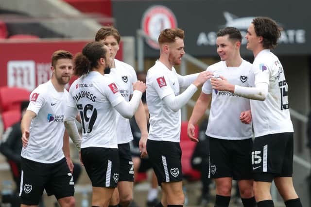 Pompey's players celebrate Callum Johnson's goal against Bristol City. According to Cam Pring, the Blues have the best team spirit he has come across. Picture: David Davies