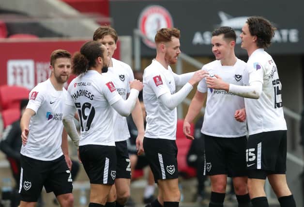 Pompey's players celebrate Callum Johnson's goal against Bristol City. According to Cam Pring, the Blues have the best team spirit he has come across. Picture: David Davies