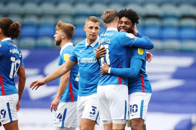 Portsmouth's Ellis Harrison scores his first goal of the match from a penalty