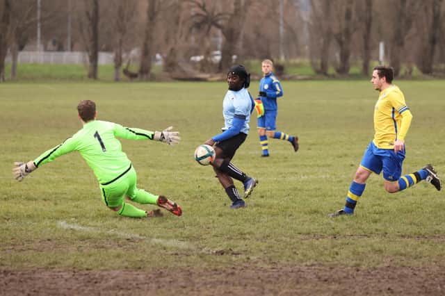 Chinemerem Nwokenkwo scores one of his three goals. Picture by Kevin Shipp
