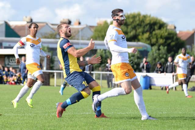 Frustration for Steve Hutchings as Moneyfields crash out of the FA Cup. Picture: Martyn White.